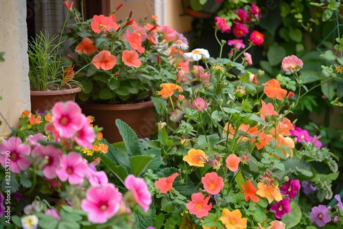 Summer flowers in pots on the terrace