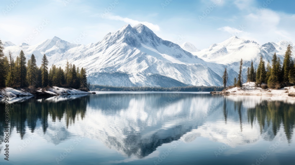 mountain lake reflecting snow-capped peaks, 