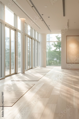 An elegant  minimalist yoga studio characterized by its simplicity and clean lines. The room has a muted color palette of soft grays and whites  with seamless  sleek wooden flooring. 