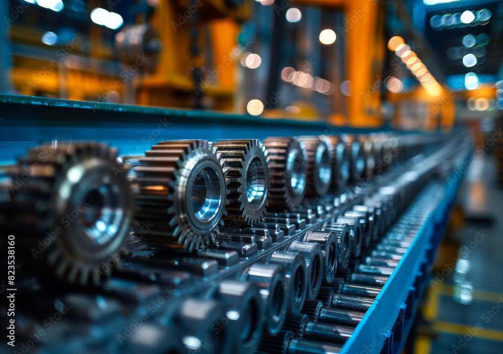 The roller chain and rollers of the machine in the production line of the factory