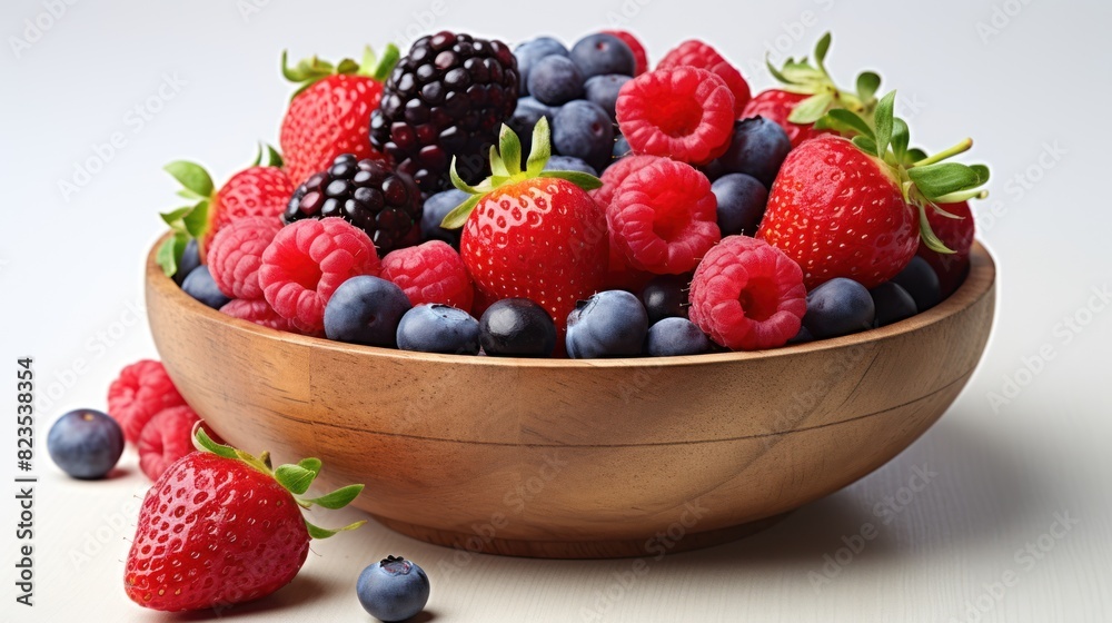 wooden bowl overflowing with a variety of freshly picked berries, wooden bowl overflowing with a variety of freshly picked berries,