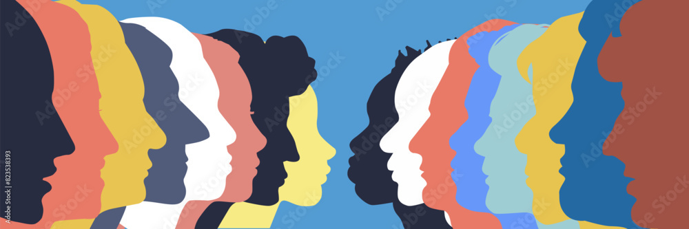 Crowd of multinational people and different cultures. Sociology. Silhouette profile vector.