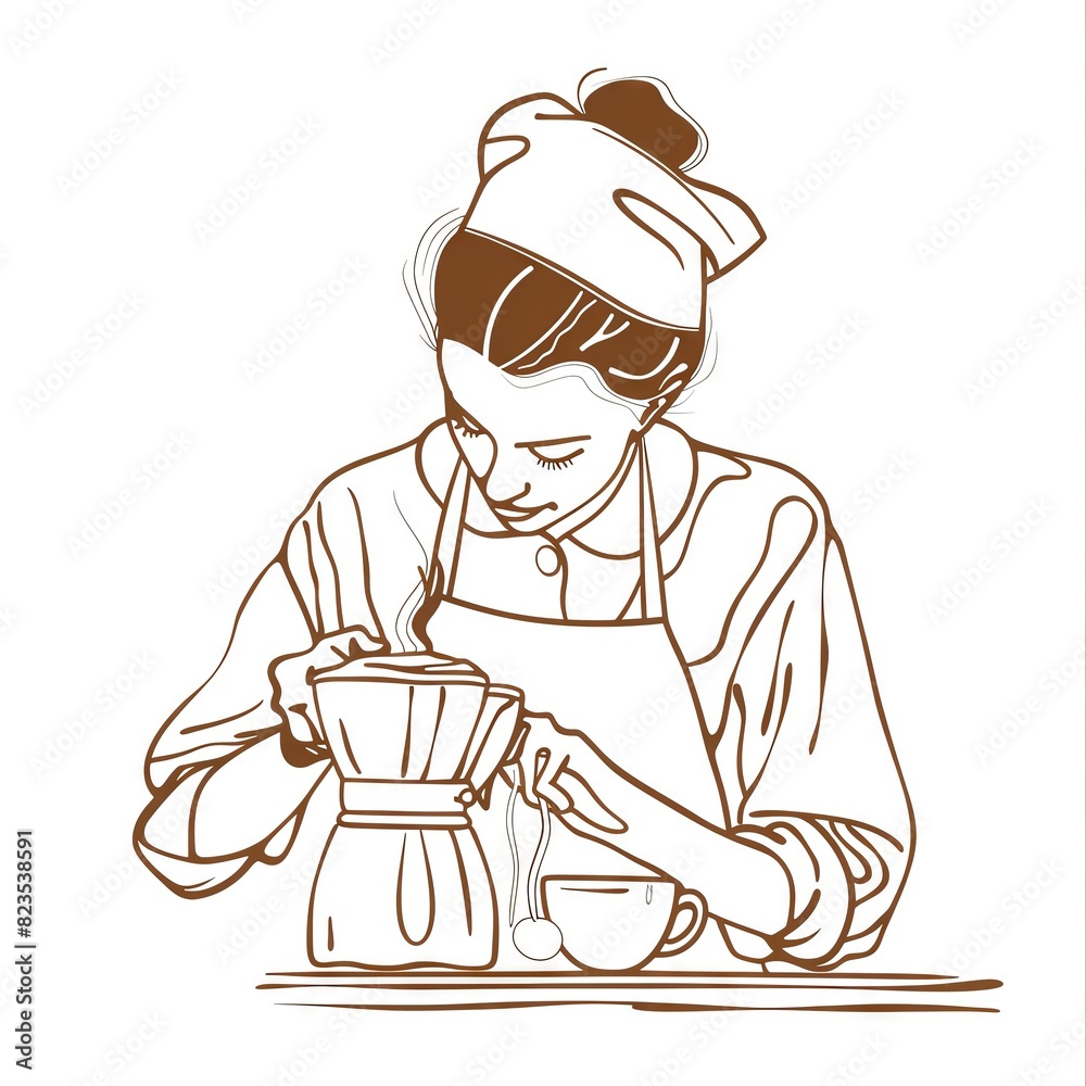 Line art illustration of a barista making coffee Line art illustration of a barista making coffee