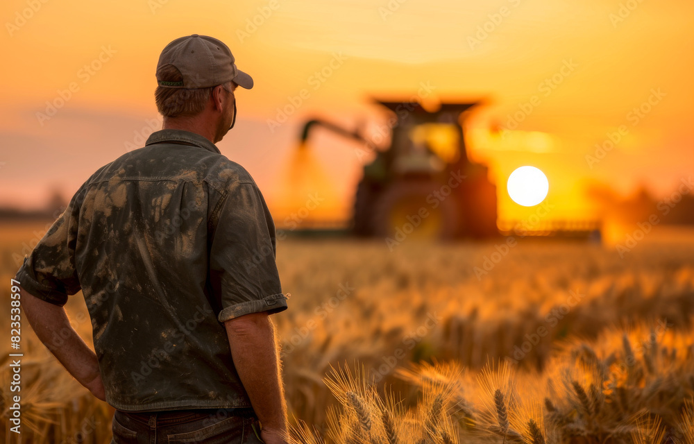 Farmer standing in wheat field at sunset and looking at his tractor Farmer standing in wheat field at sunset and looking at his tractor