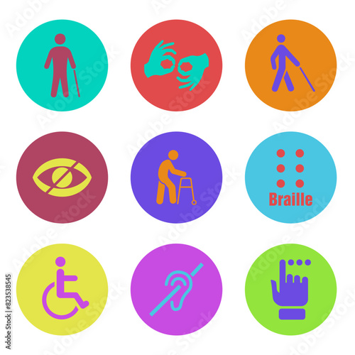 Bright signs for people with special needs. Set of disability icons.