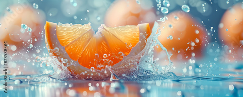Slices of fresh orange fruit lying in transparent water. Freshness and refreshment concept.