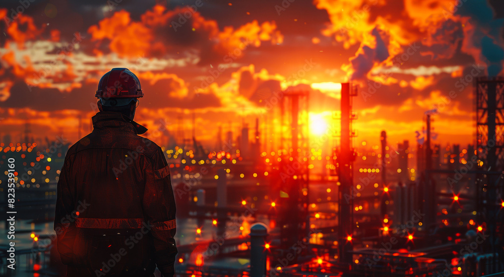 Fototapeta premium Oil worker at industrial plant and refinery silhouette at sunset time industrial landscape petrochemical plant at the night sky at sunset