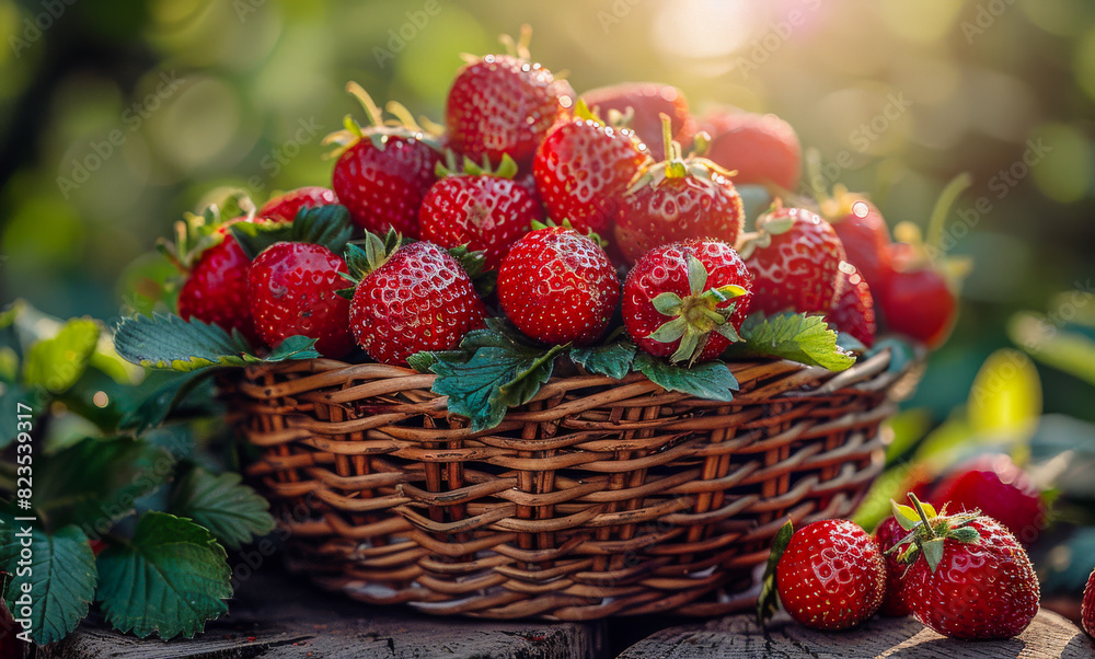Fresh strawberries in basket in the garden