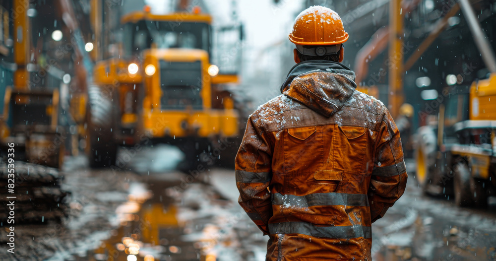 Worker in helmet and orange uniform Worker in helmet and orange uniform