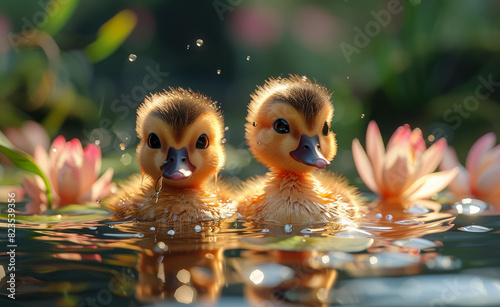 Two cute yellow ducklings are swimming in the water among the pink flowers. photo