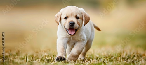 Energetic labrador puppy joyfully frolicking in a sunlit and vibrant green meadow photo