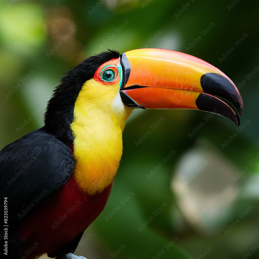 Fototapeta premium Selective focus shot of a toucan standing on a tree branch
