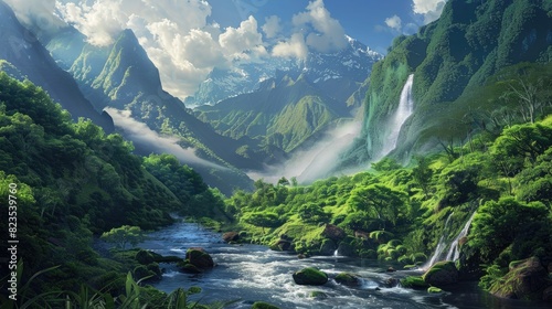A lush valley with a river.