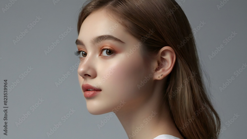 Natural Beauty: Portrait of a Young Woman - A side portrait of a young woman against a simple background, highlighting her natural beauty and gentle expression. Natural Beauty: Portrait of a Young Woman - A side portrait of a young woman against a simple background, highlighting her natural beauty and gentle expression.
