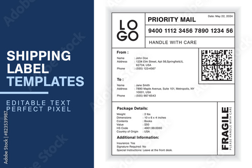Professional Customizable Shipping Label Design Template with Sender, Recipient, Package Details, and Customs Information for Efficient Shipping