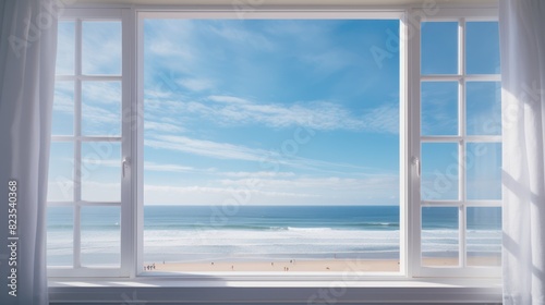 hotel room window with a clear blue sky dotted 