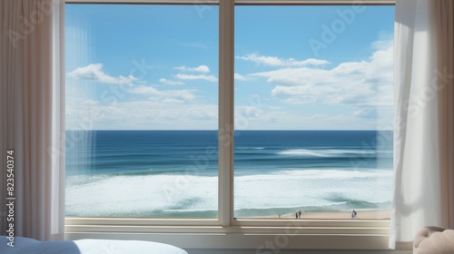 hotel room window with a clear blue sky dotted 