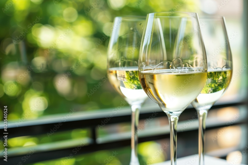 White wine in glass on outdoor background. White wine in glass on outdoor background.