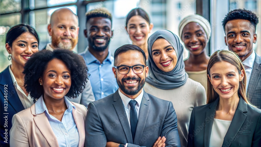 Diverse Business Team: A close-up group portrait of a diverse business team, representing teamwork and inclusivity.
Diverse Business Team: A close-up group portrait of a diverse business team, representing teamwork and inclusivity.