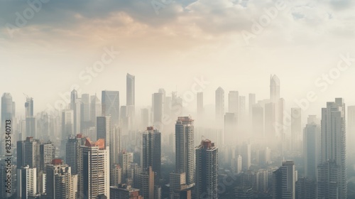 smog-filled cityscape with towering skyscrapers 