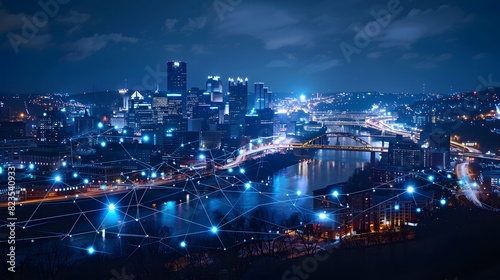 Wallpaper Mural A city skyline at night, connected by glowing data connections and light bulbs symbolizing the internet of things. With a dark blue sky in the background.
 Torontodigital.ca