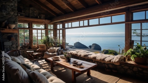 living room in an old wooden house  with large windows framing 