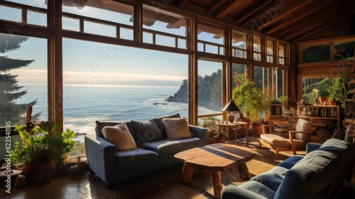 living room in an old wooden house  with large windows framing 