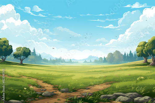 Sunny Green Meadow with Trees, bright and cheerful, nature illustration, tranquility concept