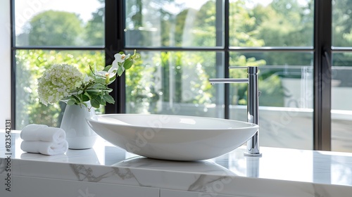 The sink  featuring an elegant white oval shaped vessel sink on top of a sleek marble countertop in front of large windows with outdoor views. The modern bathroom exudes luxury and comfort.  