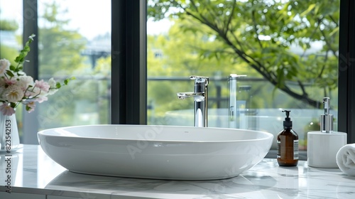 The sink  featuring an elegant white oval shaped vessel sink on top of a sleek marble countertop in front of large windows with outdoor views. The modern bathroom exudes luxury and comfort.  