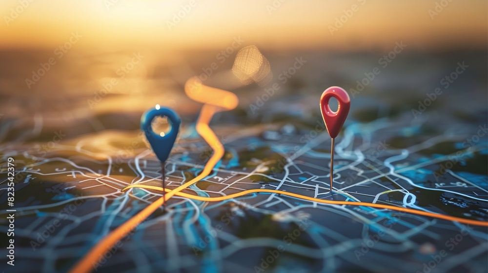 Navigate your journey with precision and clarity as you explore a real photo showcasing a detailed map. marked with two vibrant pins representing the starting and destination points. Navigate your journey with precision and clarity as you explore a real photo showcasing a detailed map. marked with two vibrant pins representing the starting and destination points.