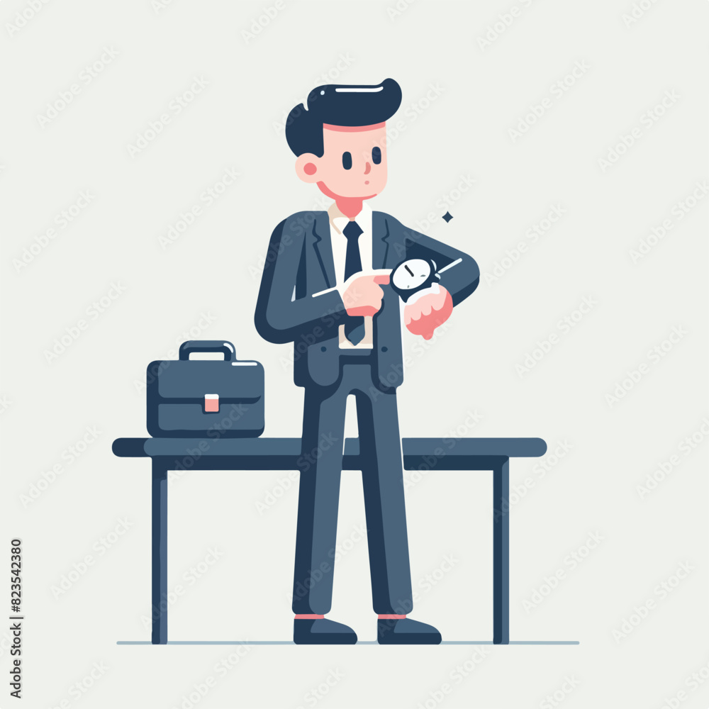 vector businessman looking at a watch in flat design style