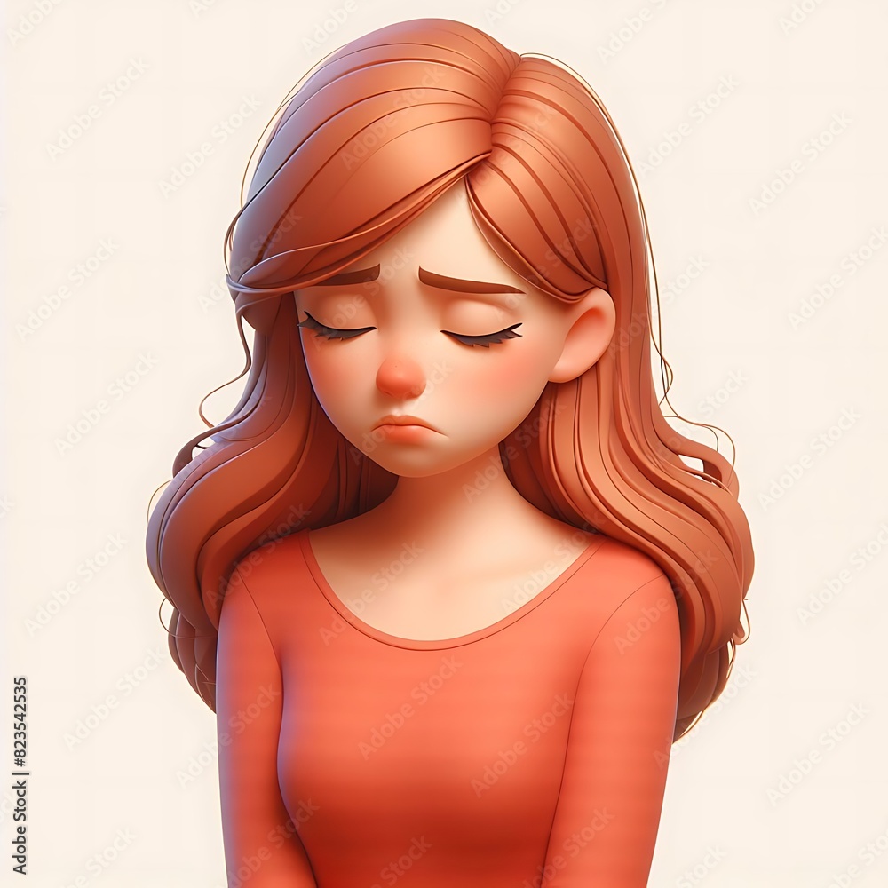 Sad upset disappointed depressed cartoon character ginger girl young woman famale person with closed eyes in 3d style design on light background. Human people feelings expression concept Sad upset disappointed depressed cartoon character ginger girl young woman famale person with closed eyes in 3d style design on light background. Human people feelings expression concept