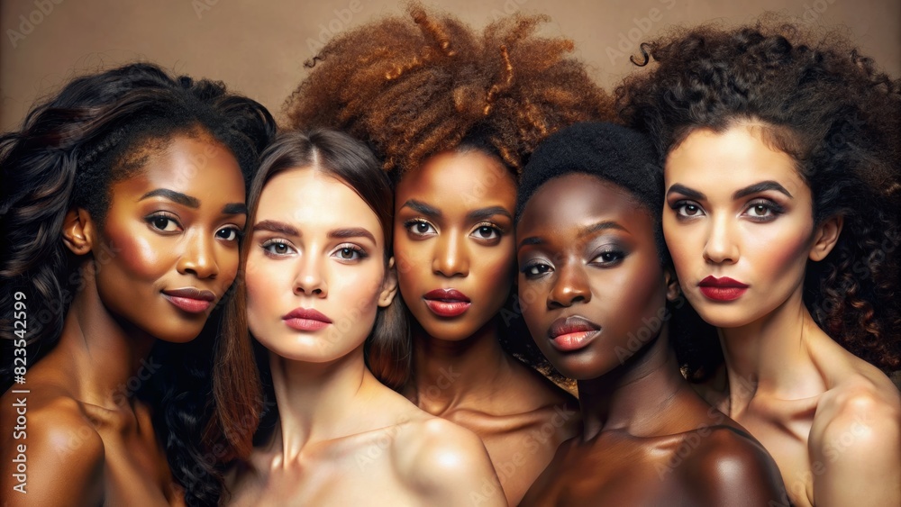 Obraz premium Face portrait, diversity and beauty of women in studio isolated on a brown background. Makeup cosmetics, skincare and group of female models with healthy or glowing skin after spa facial treatment.