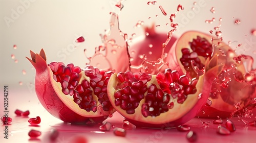 Photorealistic pomogranate slices and juice splash isolated. photo