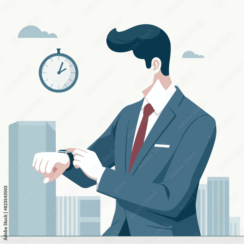 vector businessman looking at a watch in flat design style