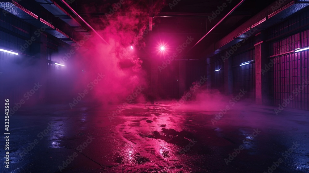 Red Pink Purple Dark Empty Street Background - Neon Light Spotlights Night Scene with Smoke Asphalt Floor Studio Room
