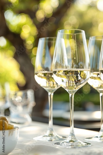 White wine in glasses on outdoor background. Close up view.