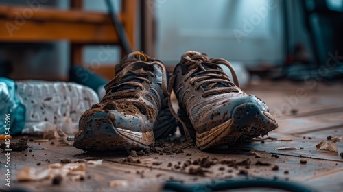Worn running shoes with dirt and workout gear on the floor, close-up capturing the aftermath of a rigorous exercise routine, realistic and raw