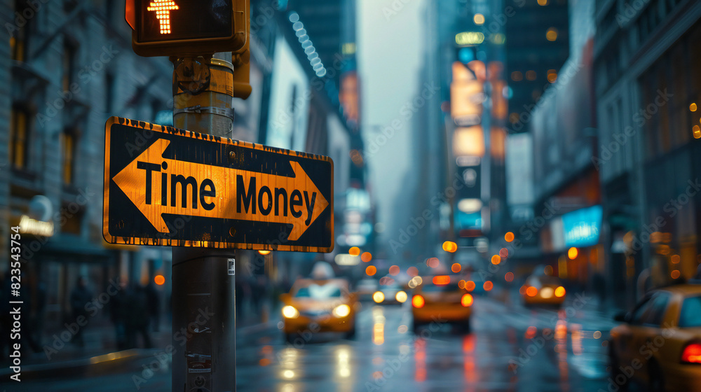 Obraz premium Time and Money in the City - A photo showcasing a street sign in the city with 