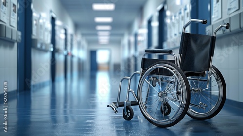 Wheelchair with a document page, clinical setting background showing a hallway with lockers, detailed and professional for healthcare visuals