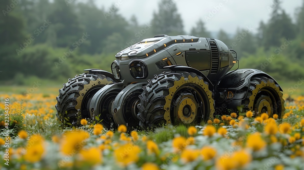 Picture tractor civilization thriving millennium ahead boasting autonomous farming capability powered fusion reactor equipped soil analysis sensor optimized planting design seamlessly integrates natur Picture tractor civilization thriving millennium ahead boasting autonomous farming capability powered fusion reactor equipped soil analysis sensor optimized planting design seamlessly integrates natur
