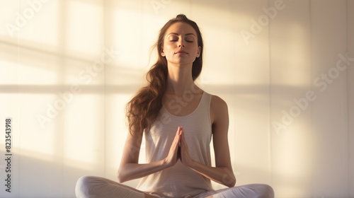 Free Download  a woman practicing meditation yoga in a sunlit room, her body bathed in soft light, - GFXLoad