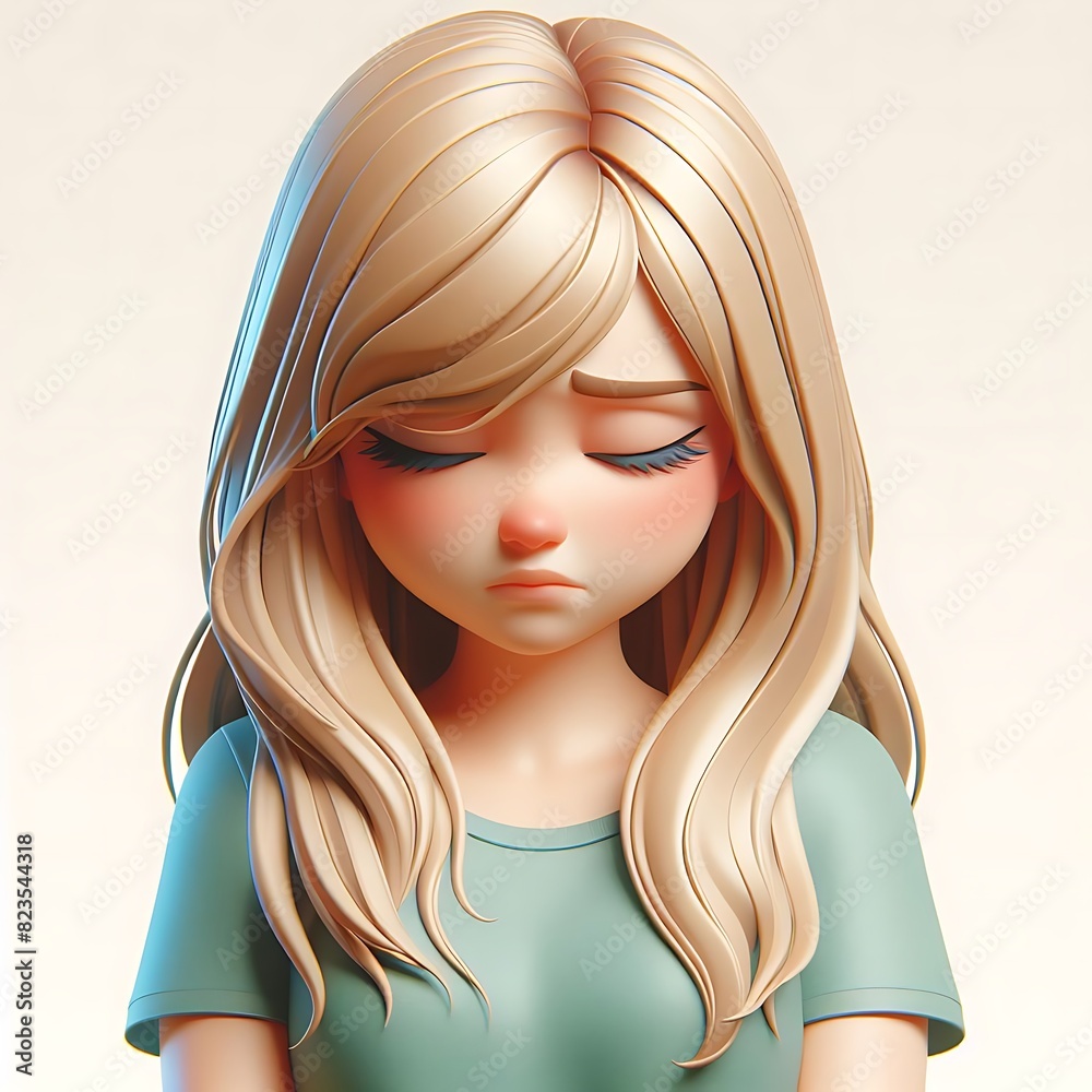 Sad upset disappointed depressed blonde cartoon character girl young woman female person with closed eyes in 3d style design on light background. Human people feelings expression concept