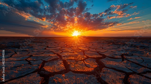 A cracked desert landscape under the setting sun, symbolizing dry and arid conditions due to climate change.
 photo