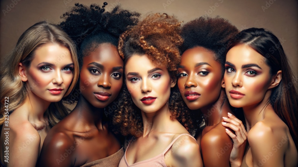 Obraz premium Face portrait, diversity and beauty of women in studio isolated on a brown background. Makeup cosmetics, skincare and group of female models with healthy or glowing skin after spa facial treatment.