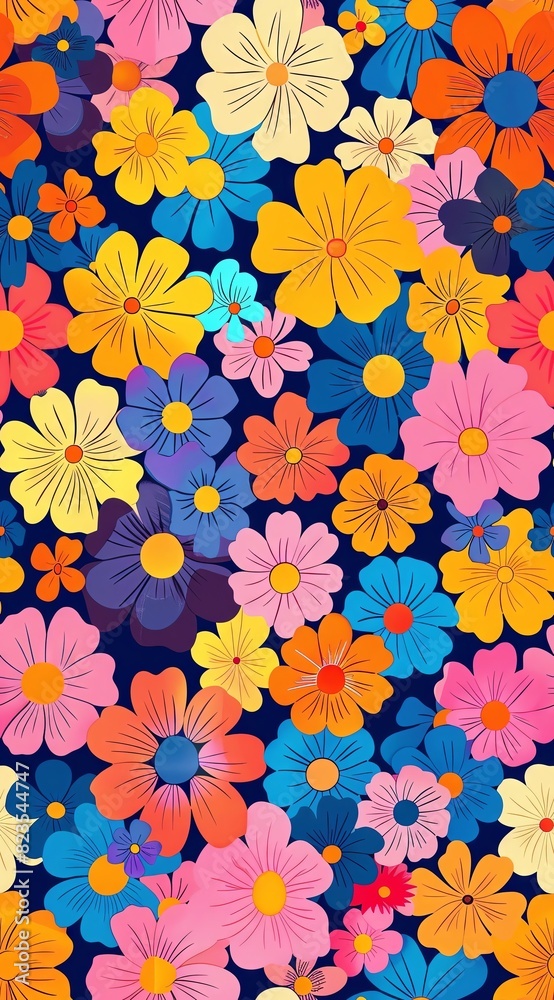 Vibrant floral pattern with colorful flowers in various sizes and shapes against a dark background, perfect for wallpapers and backgrounds.