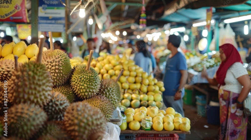 14. A market scene bustling with activity as people browse through stalls selling a variety of fresh produce, including durian.