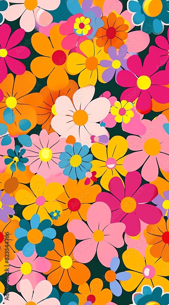 Vibrant floral pattern with colorful flowers of various shapes and sizes. Ideal for backgrounds, textiles, wallpaper, and design projects.