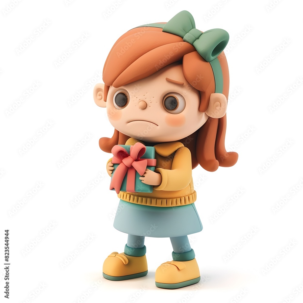 Sad Clay Figurine of a Young Girl Holding a Gift on Isolated White Background Sad Clay Figurine of a Young Girl Holding a Gift on Isolated White Background